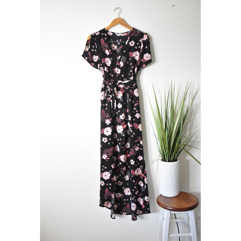 Candie's Floral Maxi Romper Women Size M Black Pink Modern Split Overlay Tie - Picture 7 of 10